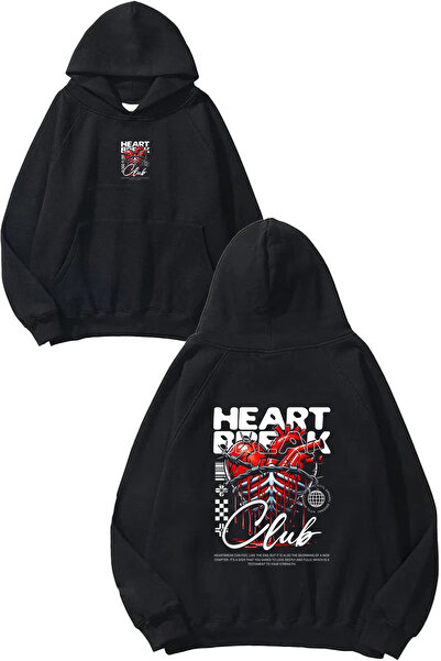 VSRN Hanorac negru supradimensionat cu glugă, cu imprimeu Heart Design