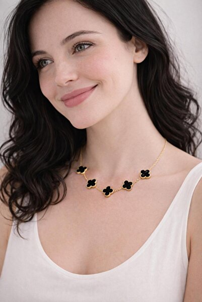 NO NAME yonca motifli siyah gold kolya