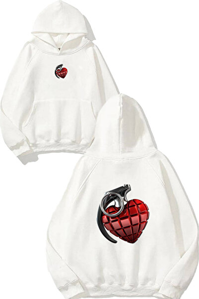 VSRN Hanorac alb supradimensionat cu glugă, cu imprimeu Heart Bomb Design