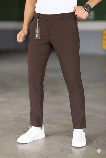 GörSeç بنطال رجالي بني اللون عالي الجودة من قماش الليكرا المرن بطول الكاحل