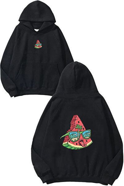 VSRN Hanorac negru supradimensionat cu glugă, imprimat cu design Watermelon 21