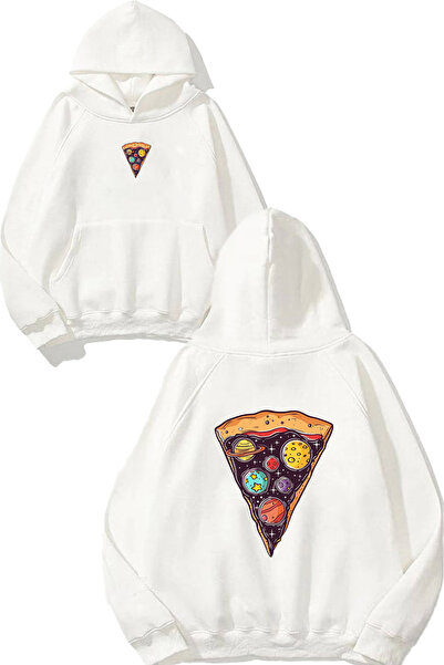 VSRN Hanorac alb supradimensionat cu glugă, cu imprimeu Pizza Galaxy Design