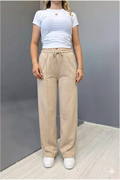 Tarz Cool Women's Beige Striped 2 Thread Wide Leg Sweatpants