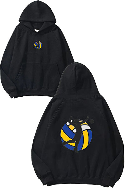 VSRN Hanorac negru supradimensionat cu glugă, cu imprimeu Voleyball 3 Design