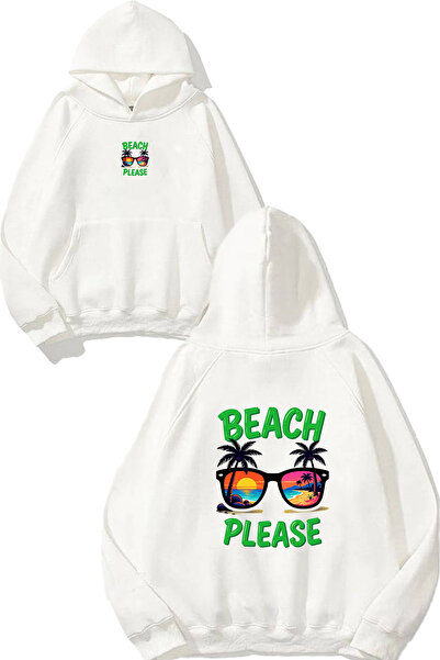 VSRN Beach Please Design Printed Oversize White Hooded Sweatshirt