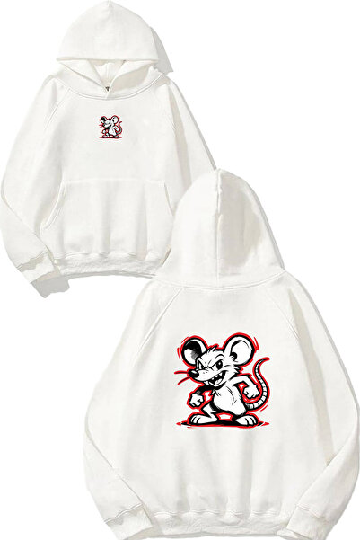 VSRN Hanorac alb supradimensionat cu glugă, cu imprimeu Red Mouse Design