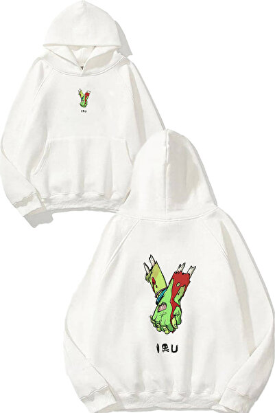 VSRN I Love You Design Τυπωμένο Oversize Λευκό Φούτερ με Κουκούλα