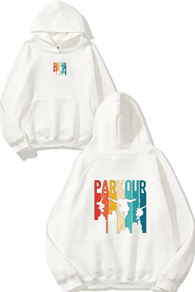 VSRN سويت شيرت أبيض كبير الحجم بطبعة تصميم باركور