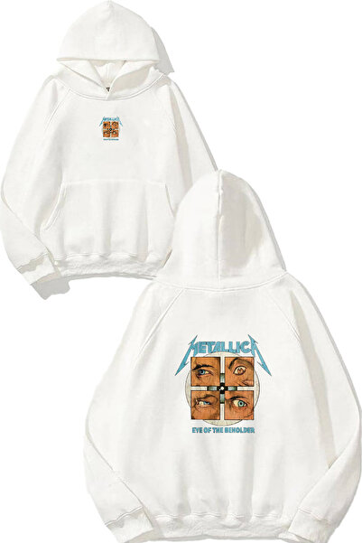 VSRN سترة ميتاليكا جولز ديزاين بيضاء كبيرة الحجم مطبوعة بتصميم العيون مع قلنسوة