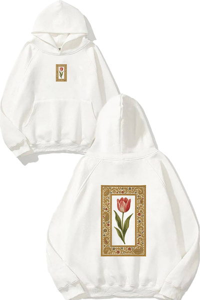 VSRN Hanorac alb supradimensionat cu glugă, imprimat cu design Old Rose