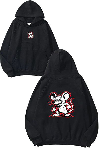VSRN Hanorac negru supradimensionat cu glugă, cu imprimeu Red Mouse Design