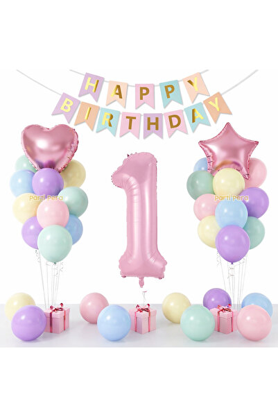 parti pera 1 Yaş Makaron Balon Seti Kalp ve Yıldız Folyo Balon Pembe Rakam Fo...