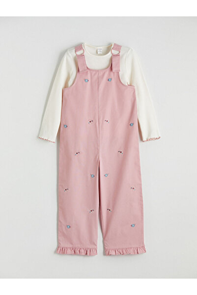 LC Waikiki LCW KidsEkru Nakışlı Kız Çocuk Salopet Ve Tişört Takımı