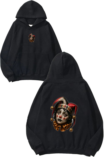 VSRN Hanorac negru supradimensionat cu glugă, imprimat cu design Sad Clown