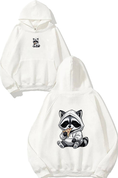 VSRN Pizzeria Raccoon Design, široka bela majica sa kapuljačom i printom