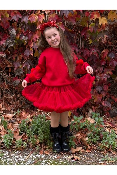 YİGİT BUTİK Girl's Pompom Detailed Tutu Skirt Set