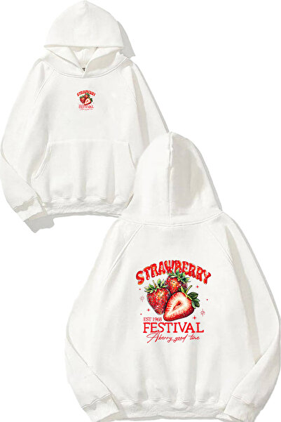 VSRN Hanorac alb supradimensionat cu glugă, cu imprimeu Strawberry Design