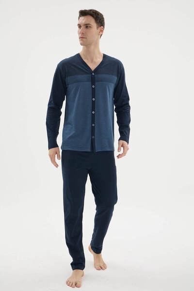 YUYİ Kly Cotton V-Neck Front Buttoned Long Sleeved Men's Pajama Set 26104