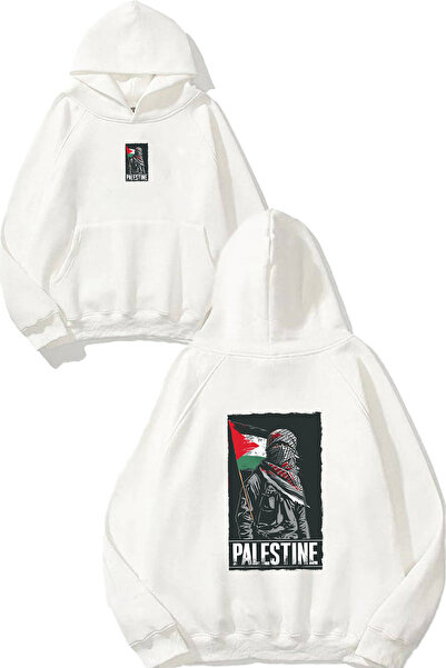 VSRN Palestine Flag Design Printed Oversize White Hooded Sweatshirt