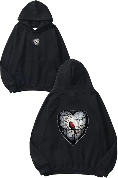 VSRN Gloomy Bird Design Printed Oversize Black Hooded Sweatshirt