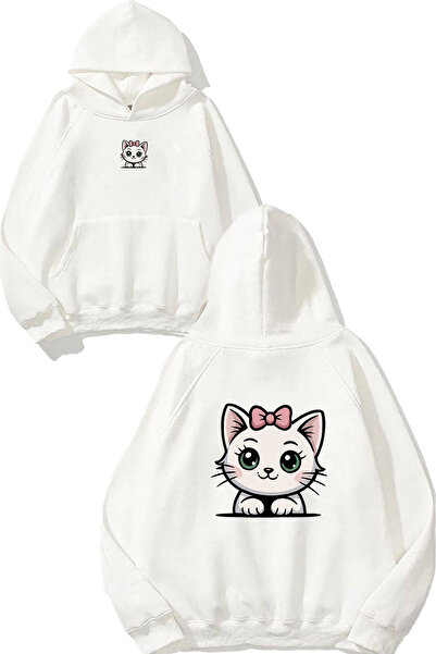 VSRN Φούτερ με στάμπα Sweet Cat Design, μεγάλου μεγέθους, λευκό με κουκούλα