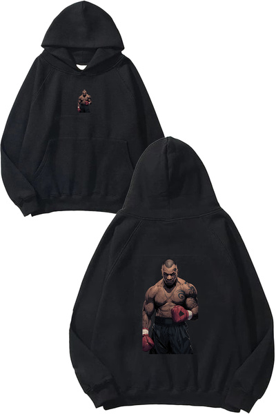 VSRN Hanorac negru supradimensionat cu glugă, imprimat cu design Angry Boxer