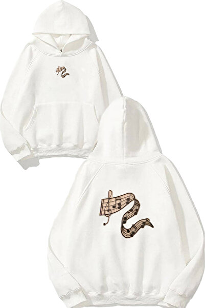 VSRN سويت شيرت أبيض كبير الحجم بقلنسوة مطبوع عليه تصميم نوتات موسيقية