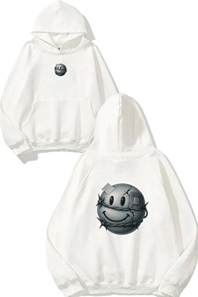VSRN Hanorac alb supradimensionat cu glugă, imprimat cu design Injured Emoji