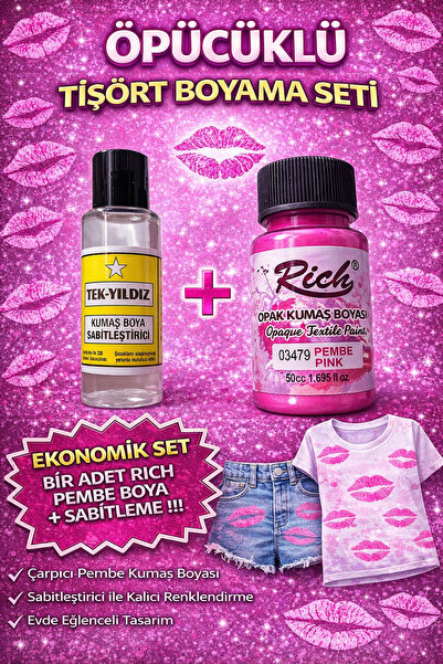 boyansa 1 adet rich pembe kumaş boyası + tek yıldız sabitleme ( öpücüklü T-Sh...