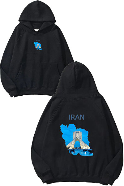 VSRN Hanorac negru supradimensionat cu glugă, cu imprimeu Iran 1 Design
