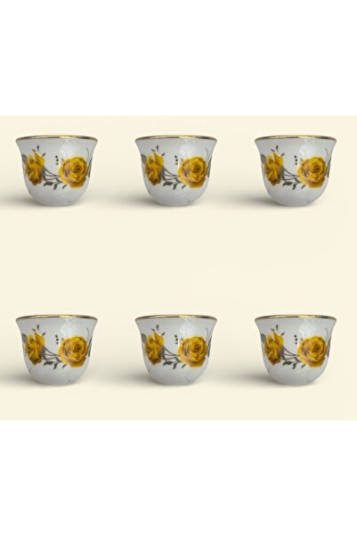 DUKKANI ISTANBUL Porcelain Gawa Coffee Cup Set for 6 People Yellow Roses Mirr...