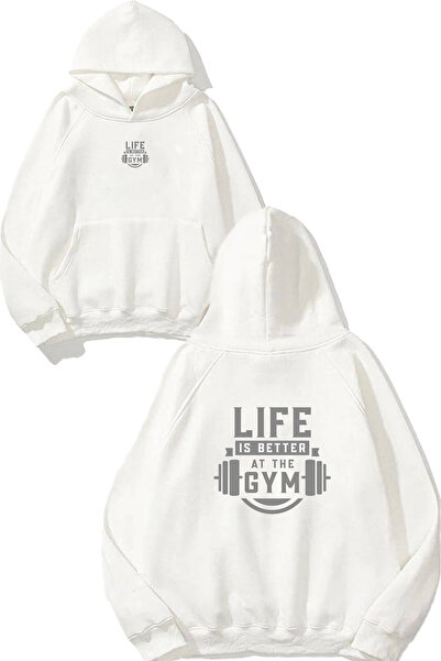VSRN Hanorac alb supradimensionat cu glugă, imprimat cu designul „Life Is Bet...