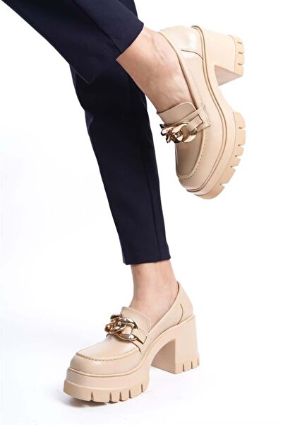 Difolia Pantofi cu platformă cu toc de 8 cm, cu cataramă cu lanț din piele, p...