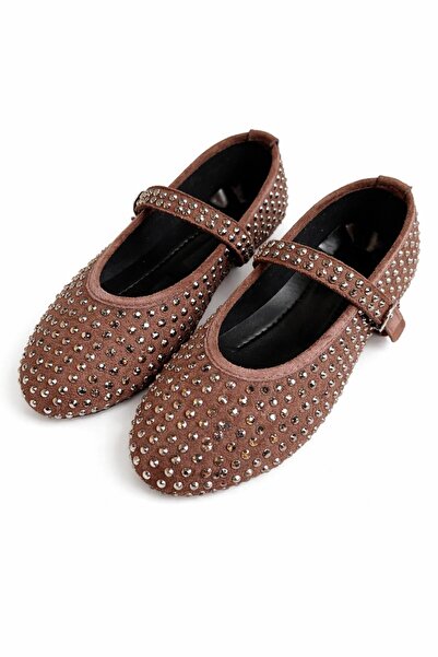 RoseVeno Kadın Baretli Acı Kahve Kristal Taşlı Günlük Babet Ayakkabı