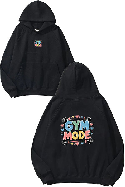 VSRN Hanorac negru supradimensionat cu glugă, cu imprimeu Gym Mode 1