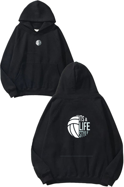 VSRN Hanorac negru supradimensionat cu glugă, cu imprimeu Voleyball 76 Design