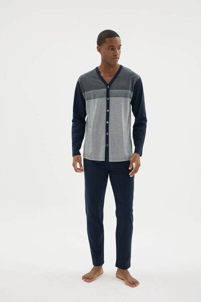 YUYİ Kly Cotton V-Neck Front Buttoned Long Sleeved Men's Pajama Set 26104