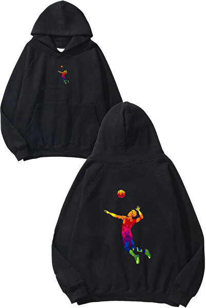VSRN Hanorac negru supradimensionat cu glugă, imprimat cu design Volleyballer 3