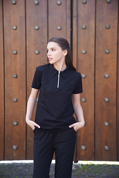 VİZYON UNIFORM Exclusive Lycra Siyah Tek Üst Polo Yaka Hemşire forması, Cerra...