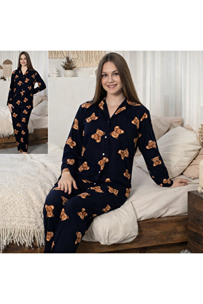 Çekmece طقم بيجامة نسائية من قماش ميلان بنقشة دب تيدي - ياقة قميص، أكمام طويل...