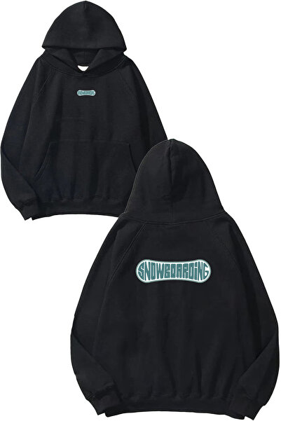 VSRN Hanorac negru supradimensionat cu glugă, cu imprimeu Snowboarding Design