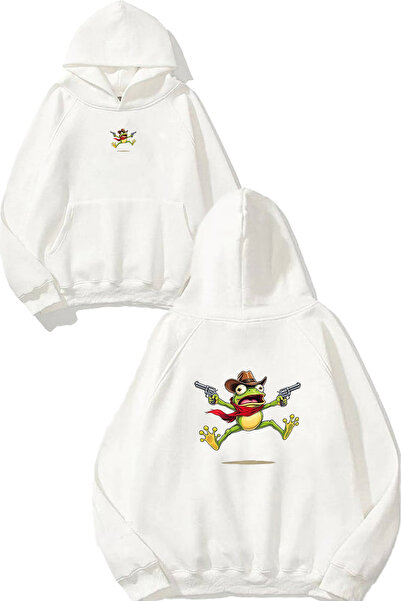 VSRN سويت شيرت أبيض كبير الحجم بقلنسوة مطبوع عليه تصميم كاوبوي فروج