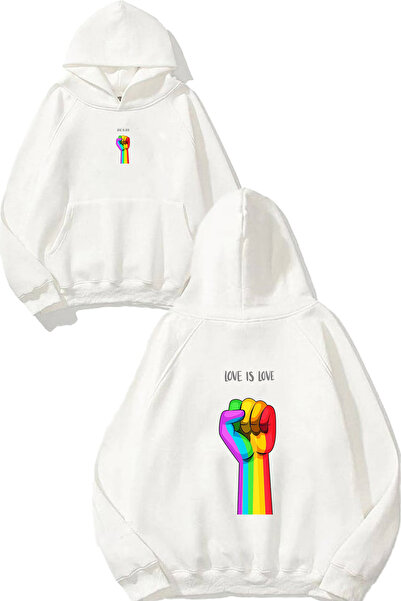 VSRN Love Is Love Σχέδιο με στάμπα, Oversize Λευκό Φούτερ με Κουκούλα