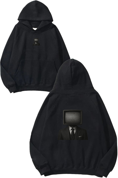 VSRN سويت شيرت أسود كبير الحجم مطبوع بتصميم تلفزيون آدم