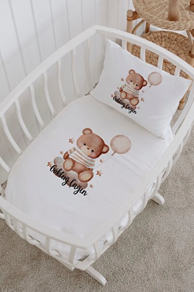 Lilabio İsme Özel %100 Pamuk lastikli Park Yatak Çarşaf Seti (60x120) Bulutta...
