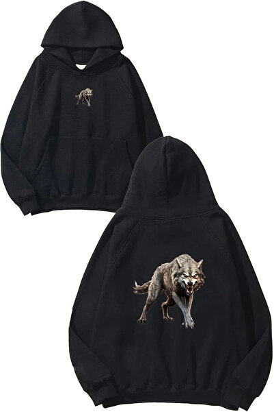 VSRN Hanorac negru supradimensionat cu glugă, cu imprimeu Wild Wolf Design