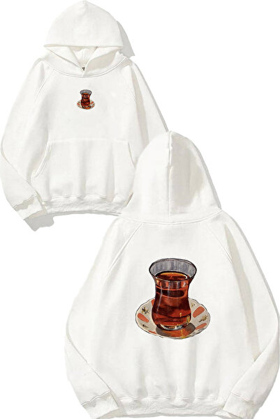 VSRN Hanorac alb supradimensionat cu glugă, cu imprimeu Tea Cup Design