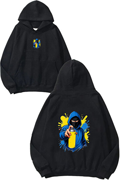 VSRN Hanorac negru supradimensionat cu glugă, imprimat cu design Graffiti Blue