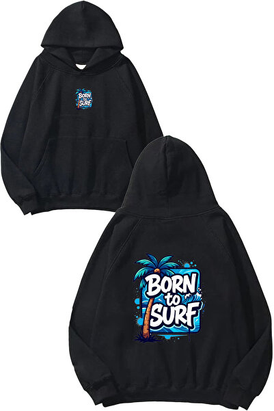 VSRN Hanorac negru supradimensionat cu glugă, cu imprimeu Born To Surf Design