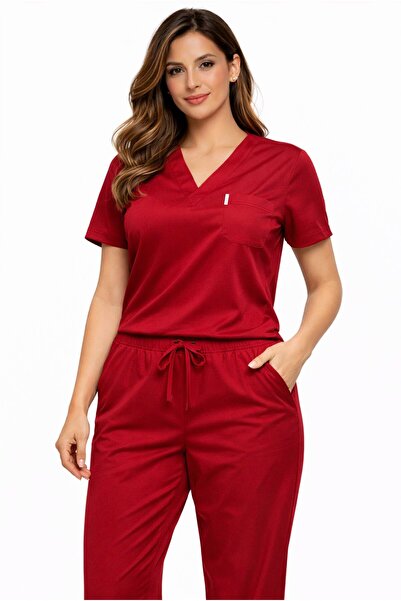 SKORMED Unisex Red Medical Uniform Set – Flexible Fabric, V-Neck, Nurse & Doc...